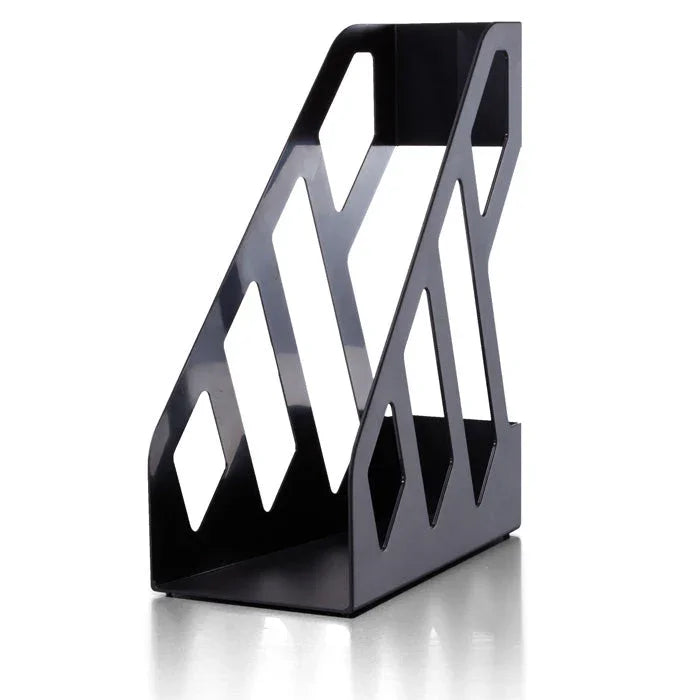 Black magazine file holder with geometric cutouts for desk or office organization