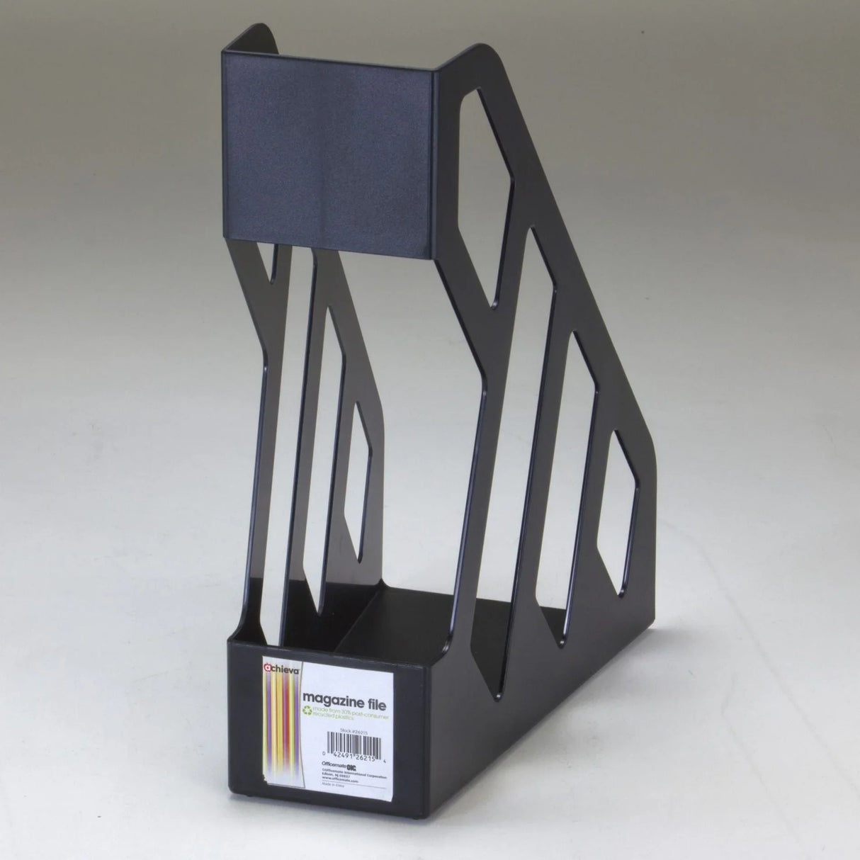 Black plastic magazine file organizer with open geometric sides on a plain background.