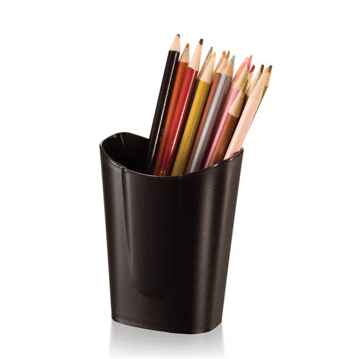 Black pencil cup organizer holding assorted colored pencils on white background