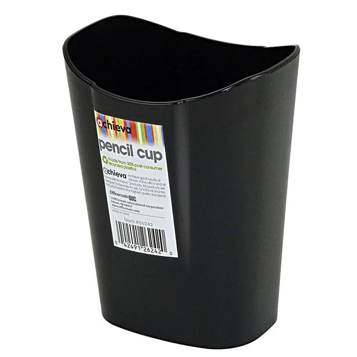 Black plastic pencil cup organizer with label, ideal for office or school desk storage