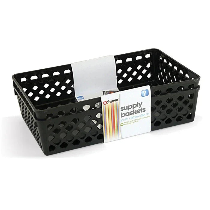 Black plastic supply baskets with diamond grid design, packaged for office or school organization