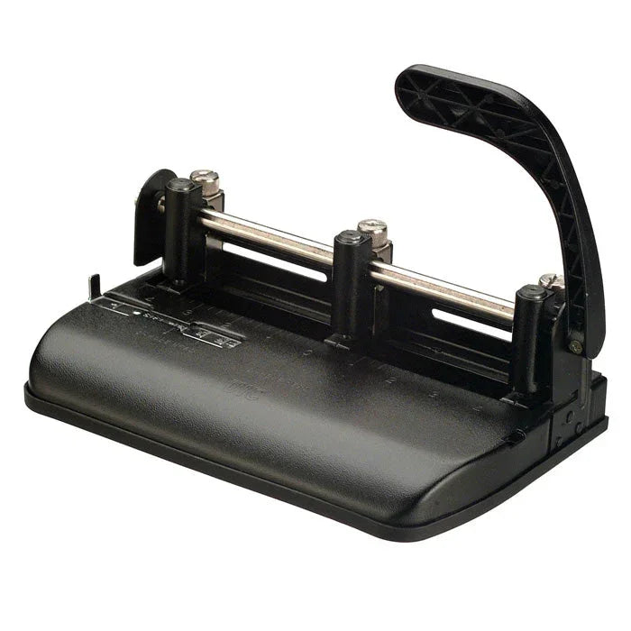 Black heavy-duty 2-hole punch for office paper, ideal for school and workspace organization