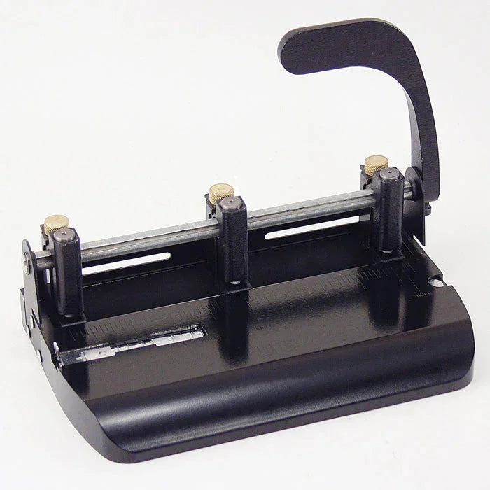 Black three-hole puncher with ergonomic handle for office paper organization