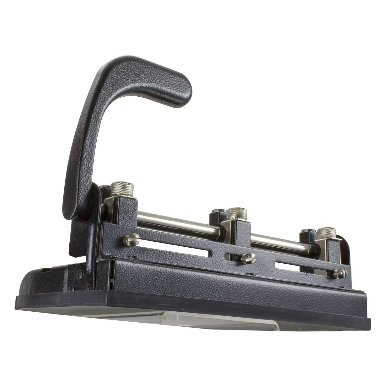 Heavy-duty black paper punch with ergonomic handle for office and school use