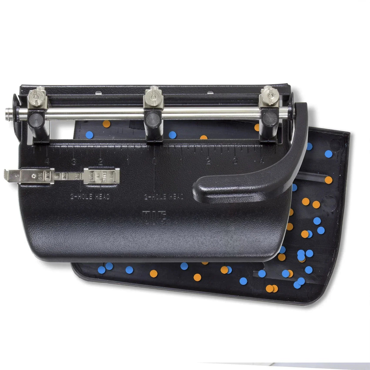 Black 2-hole punch with metal handles and blue/orange punch chips, ideal for office and school use.