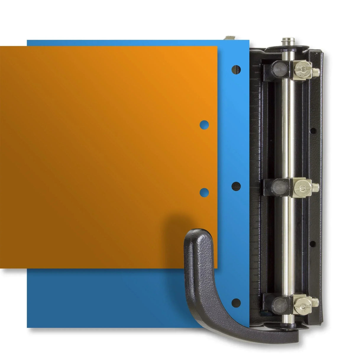 Blue and orange paper sheets with black binding machine for office organization and document assembly