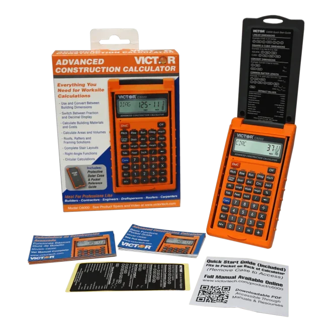 Advanced construction calculator with orange case, packaging, quick start guide, and instruction cards