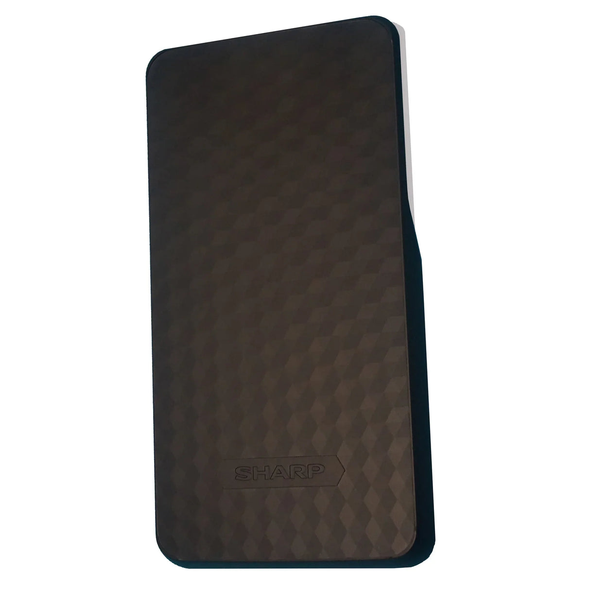 Slim black scientific calculator with textured diamond pattern protective cover.