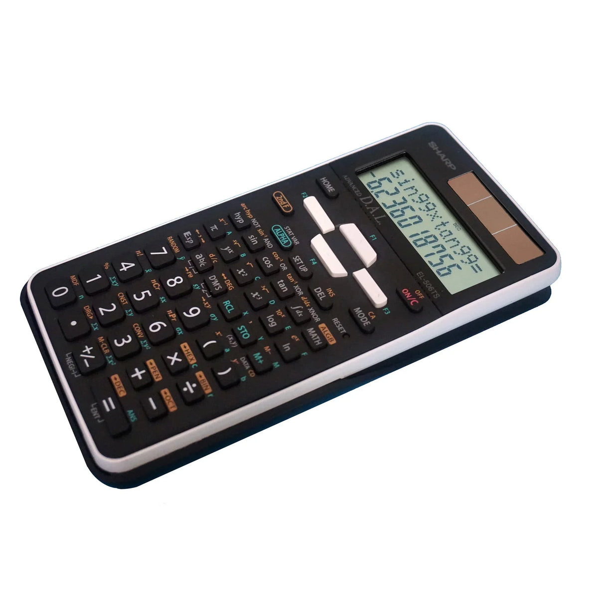 Advanced scientific calculator with large display and multiple function buttons on white background