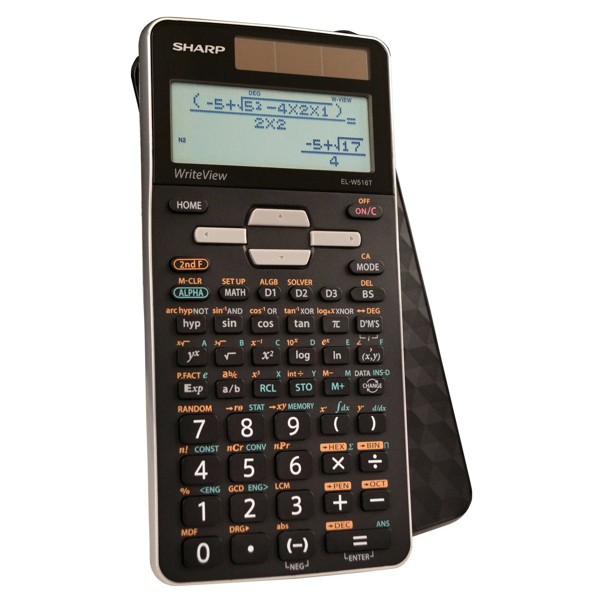 Advanced scientific calculator with large four-line display and multi-function keypad