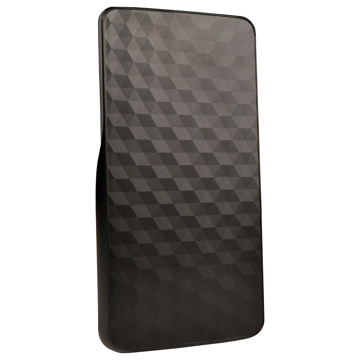 Back view of a scientific calculator with a geometric textured black cover.