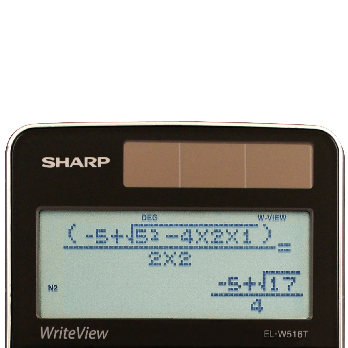 Advanced scientific calculator with four-line display showing math equation