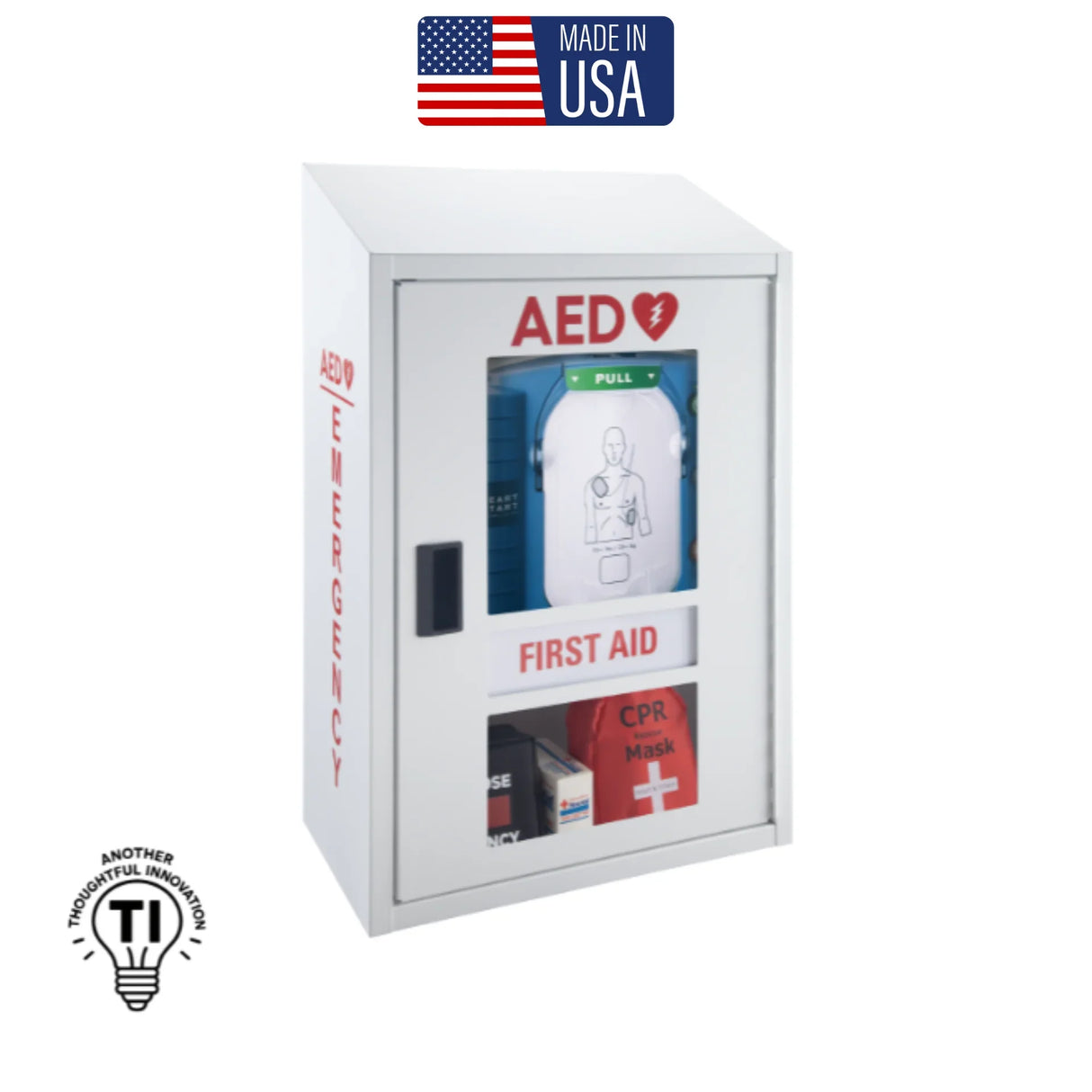 Wall-mounted white AED emergency cabinet with first aid and CPR supplies, made in USA label