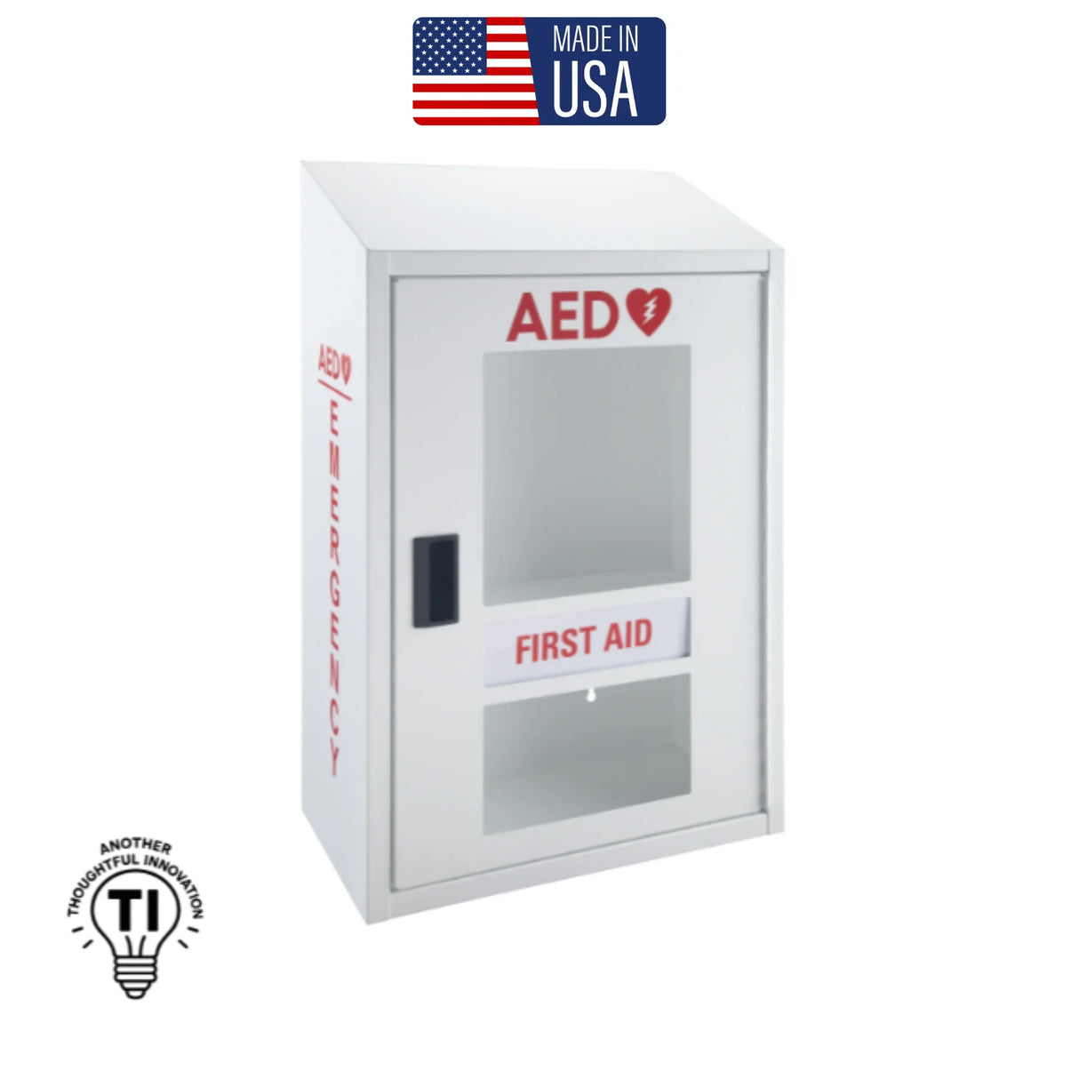 White AED and first aid wall cabinet with clear door, emergency text, and Made in USA label