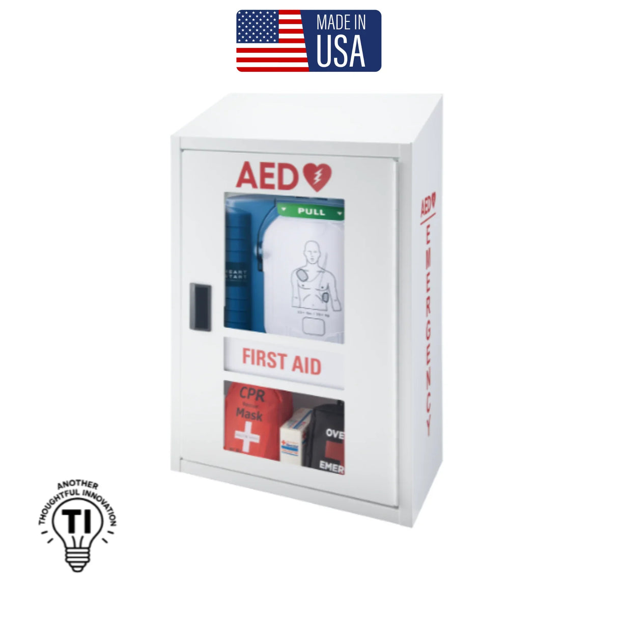 Wall-mounted AED and first aid cabinet stocked with emergency medical supplies, made in USA