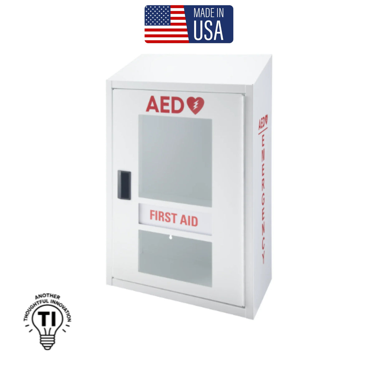 Wall-mounted AED and first aid cabinet with emergency label, made in USA, white metal design