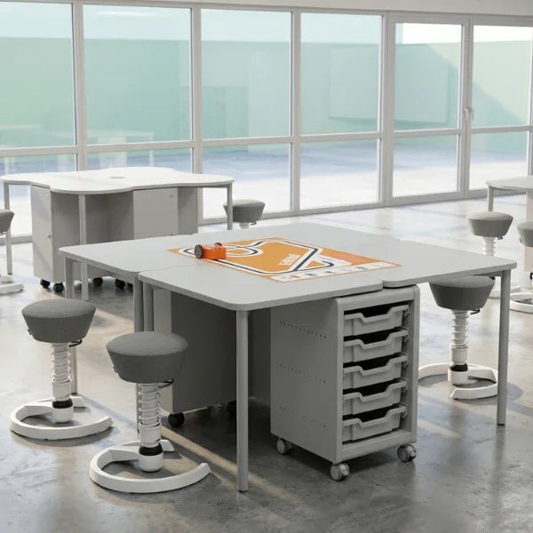 Aeris Swopper ergonomic office stools around modern grey collaborative workspace desks