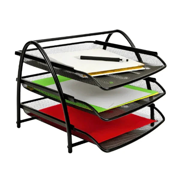 Alba 3-drawer black mesh metal letter tray organizer with colored files and a pen