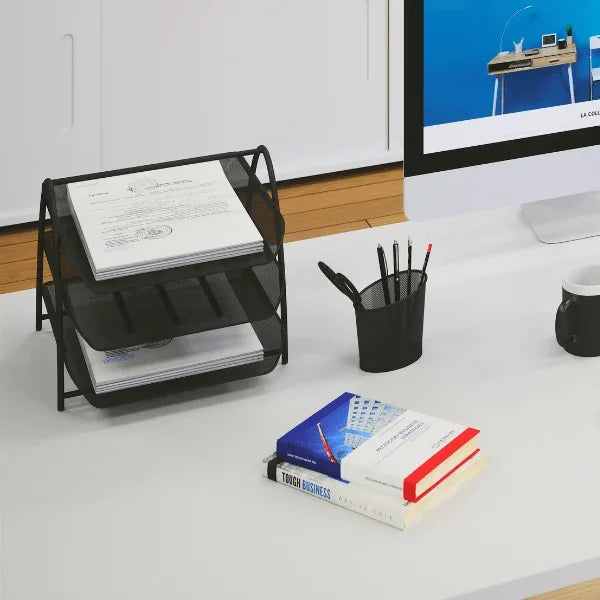 Alba 3 drawer mesh metal letter tray organizer on a white desk with office accessories