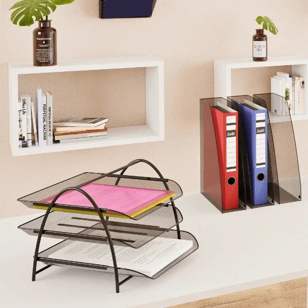 Alba 3 drawer black mesh metal letter tray organizer holding colored folders on a white desk