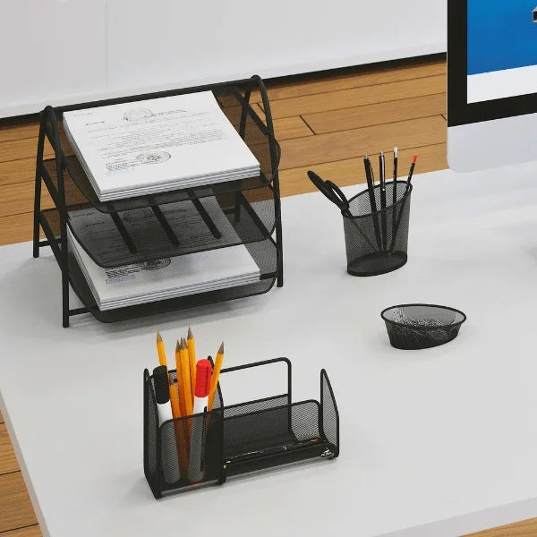 Alba 3 drawer mesh metal letter tray organizer with desk accessories on a white surface
