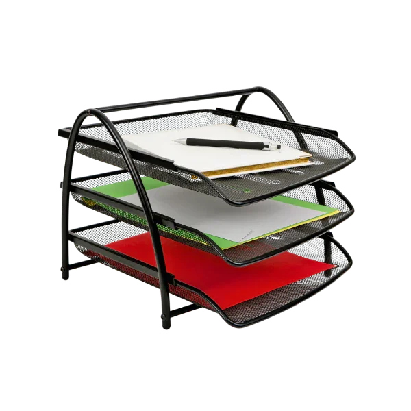Three-tier mesh metal letter tray organizer holding papers and a pen