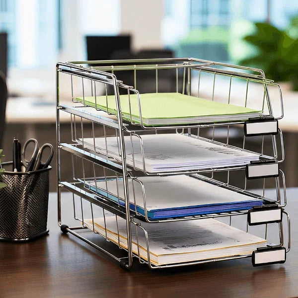 Alba 4 drawer metal letter tray organizer with labeled tiers holding colored papers on a desk