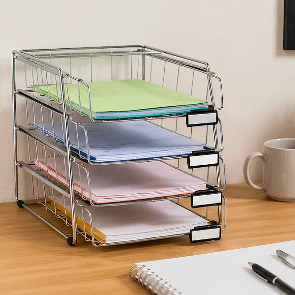 Alba 4-drawer metal letter tray organizer holding colored folders on a wooden desk