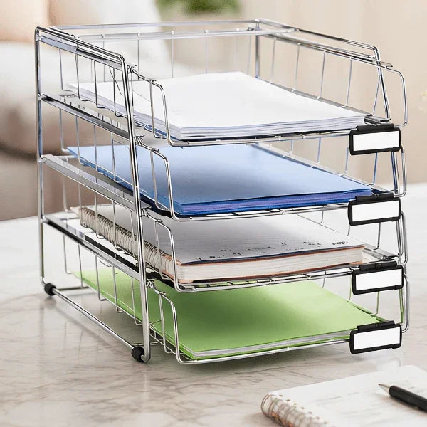 Alba 4 drawer metal letter tray organizer with labels holding papers and notebooks