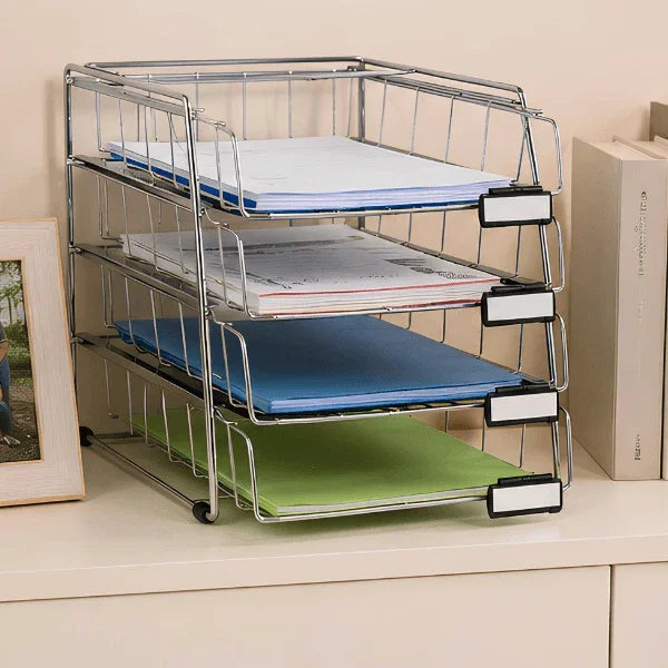 Alba 4-drawer metal letter tray organizer with labeled bins holding colorful folders