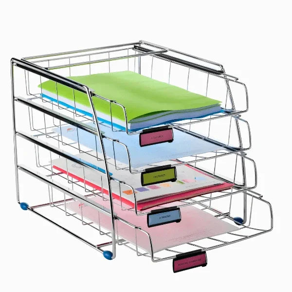 Alba 4 drawer metal letter tray organizer with colored folders and labels