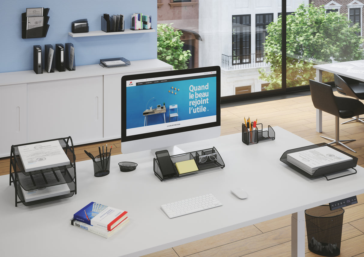 Modern office desk with mesh metal bookends, desktop organizer, and workspace accessories