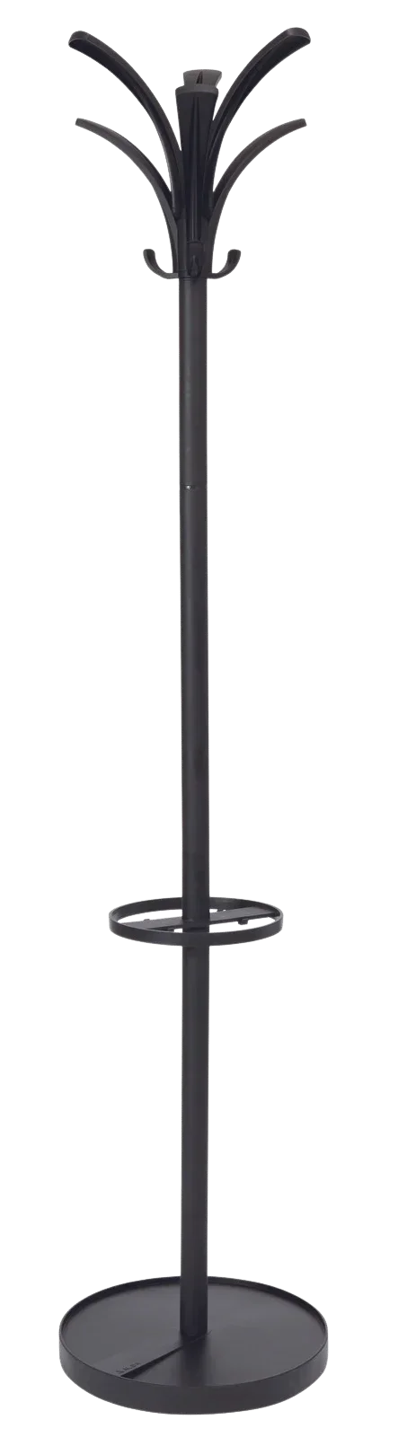 Black metal coat rack with umbrella stand and multiple hooks for home or office use