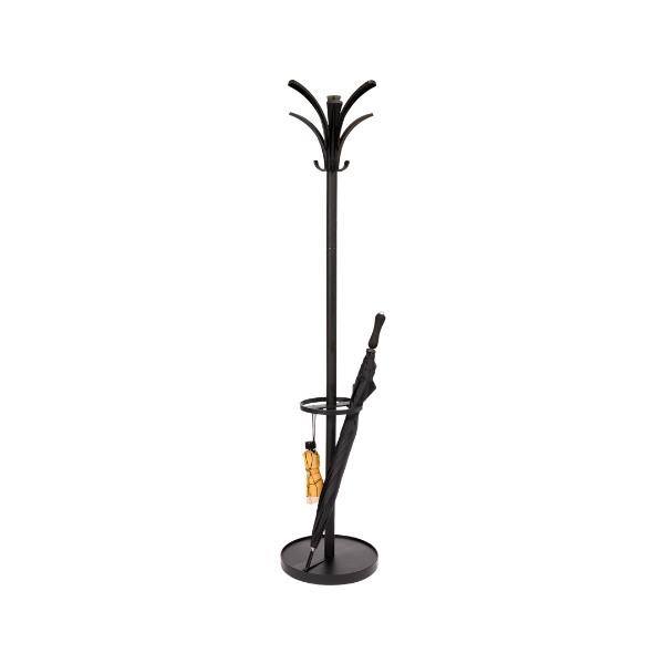 Black freestanding coat stand with 9 hooks and umbrella holder, holding two umbrellas