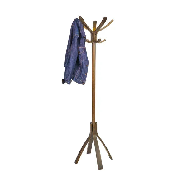 Wooden coat rack with denim jacket hanging, ideal for home or office organization