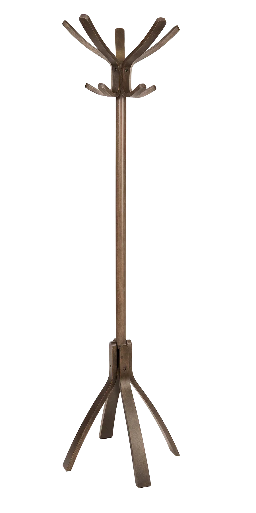 Modern wooden coat rack with multiple hooks and tripod base for home or office organization