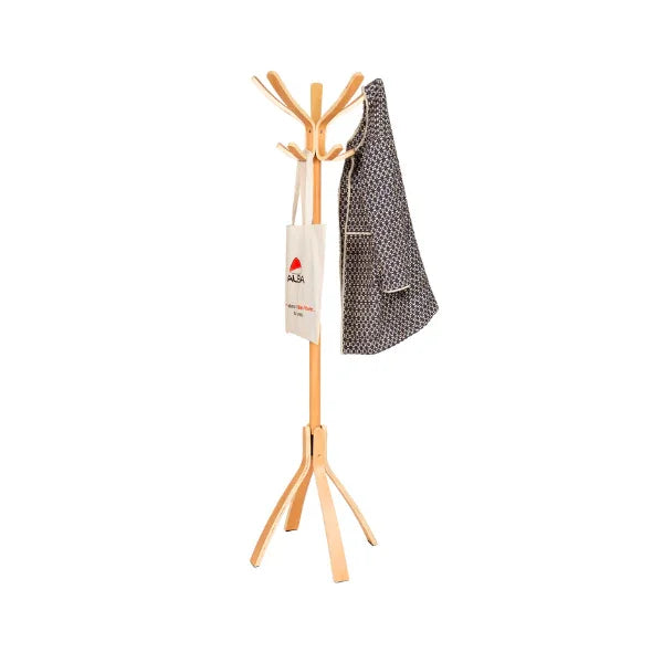 Wooden freestanding coat stand with 10 pegs, holding a tote bag and patterned jacket