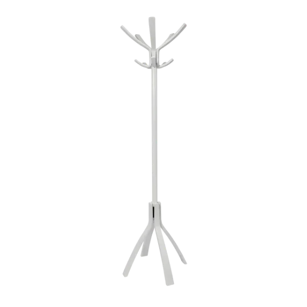 Modern white wood coat stand with multiple hooks and sturdy tripod base