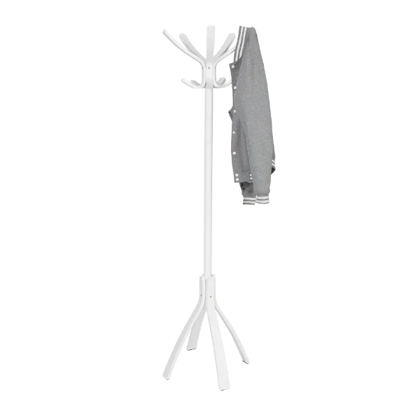White wood coat stand with multiple hooks, holding a gray jacket, on a plain background