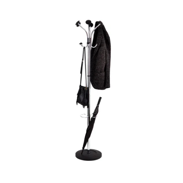 Freestanding metal coat stand with 12 pegs, holding a jacket, bag, and umbrella.