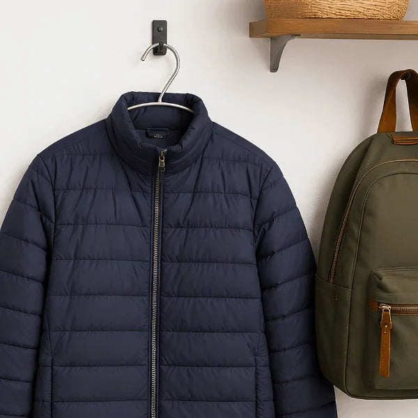 A navy blue quilted jacket hanging on an Alba silver metal clothes hanger.