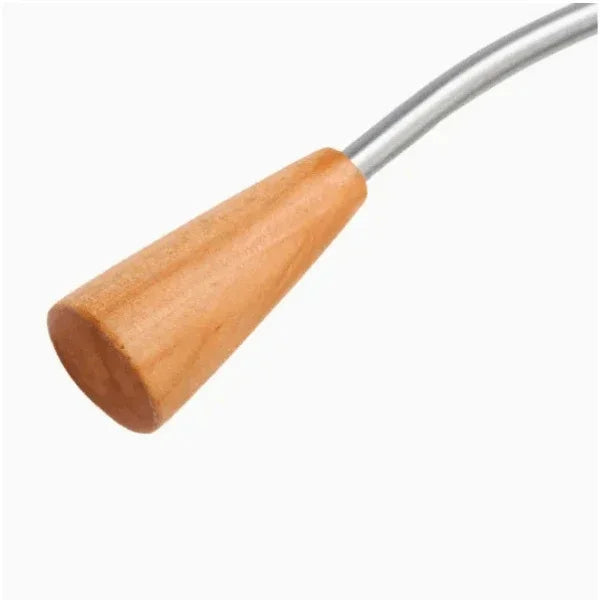 Close-up of the wooden handle and silver metal frame of an Alba clothes hanger.