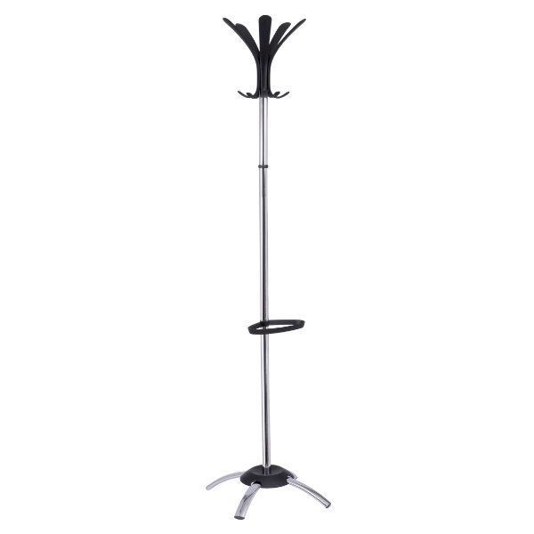 Modern chrome coat stand with umbrella holder, black hooks and sturdy base for office or home
