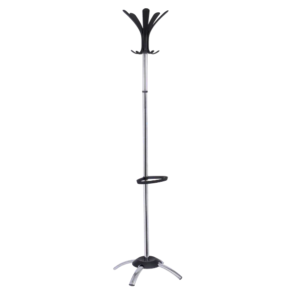 Modern chrome coat stand with umbrella holder, black hooks and sturdy base for office or home
