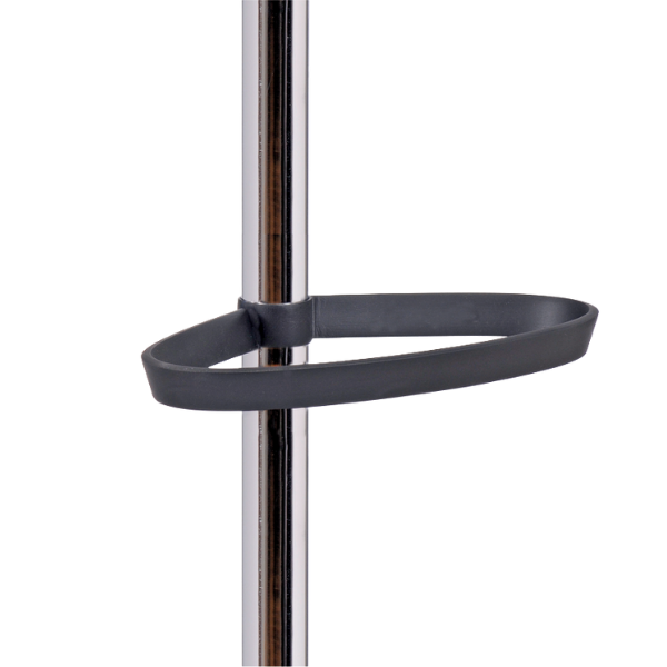 Chrome coat stand with integrated black umbrella holder, office organization accessory