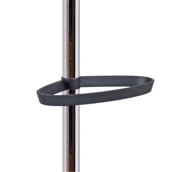 Chrome coat stand with integrated black umbrella holder, office organization accessory