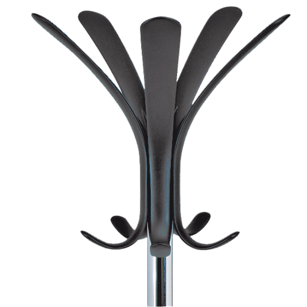 Modern chrome coat stand with multiple black hooks for hats, coats, and umbrellas