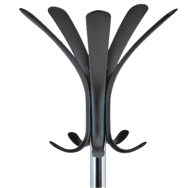 Modern chrome coat stand with multiple black hooks for hats, coats, and umbrellas