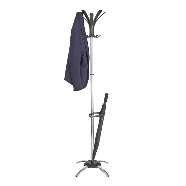 Chrome coat stand with umbrella holder, holding a jacket and umbrella, on white background.