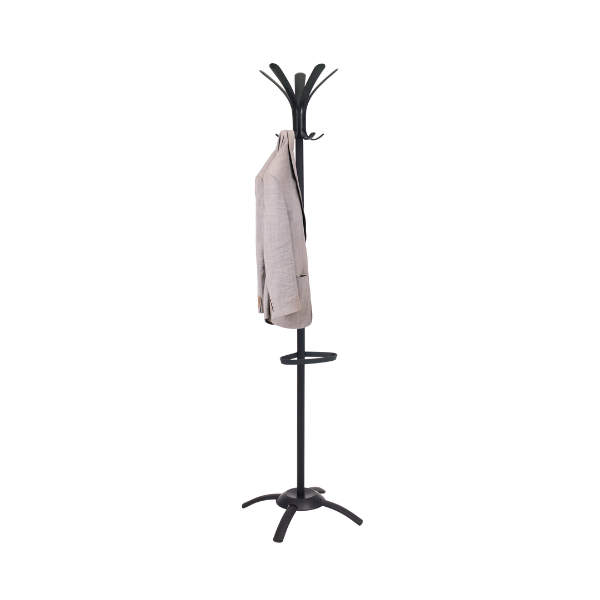Black freestanding coat stand with 10 pegs, holding a beige blazer, isolated on white background.
